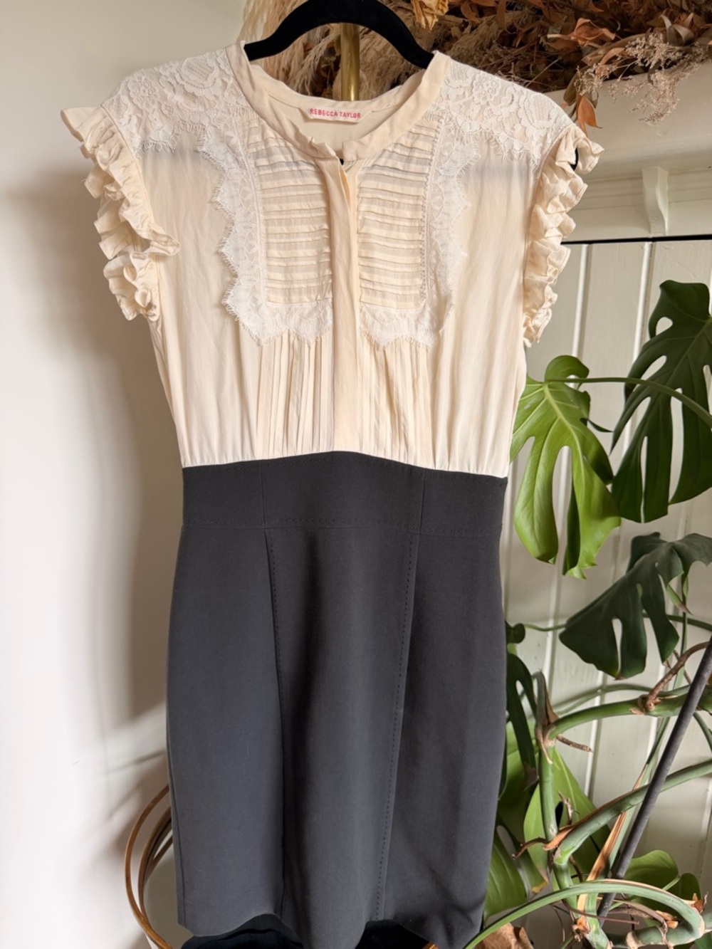 Rebecca Taylor Cream and Black Lace-Trim Two-Tone Dress